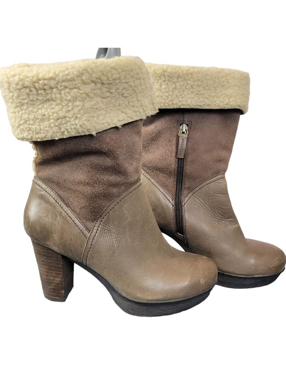 Nicole Platform Suede Boots 7.5 Brown Sherpa Leather Shoes Heel Mid Calf Women M